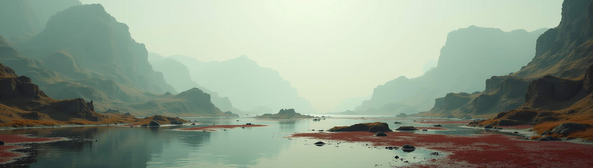 Concept art de Saprophages : océan pourpre et skyline en ruines